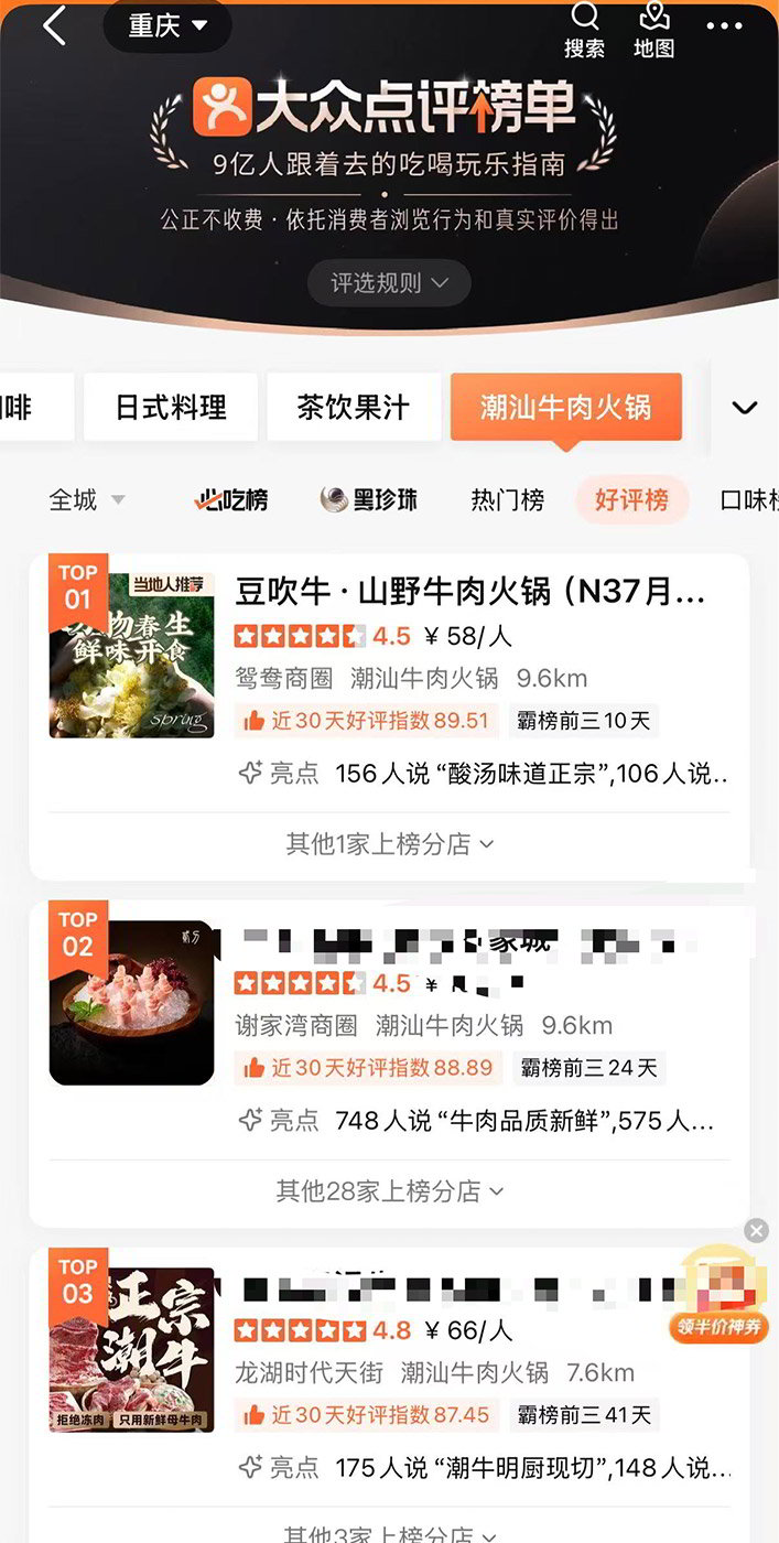 大众点评榜单上榜品牌